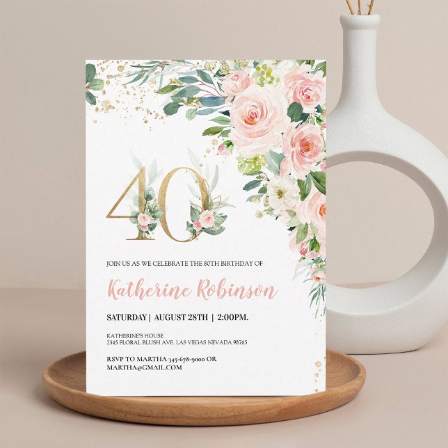 Elegant Blommig Födelsedagsinbjudan för Henne 40 å Inbjudningar (Skapare uppladdad)