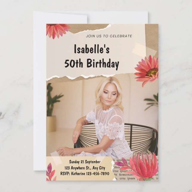 Elegant blommig födelsedagsinbjudningskort inbjudningar (Framsida)
