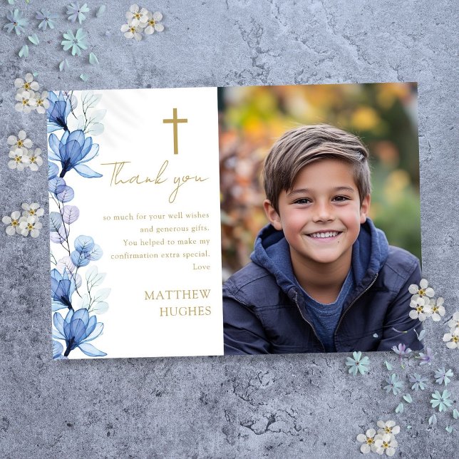 Elegant Blommig Foto Bekräftelse Tack Kort (Elegant Blue Floral Photo Confirmation Thank You Card)
