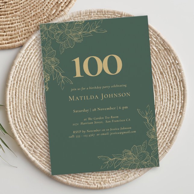 Elegant Blommig Grön Guld Blommig 100-årsdag Inbjudningar (Elegant Floral Green Gold Floral 100th Birthday Invitation)