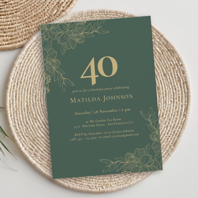 Elegant Blommig Grön Guld Blommig 40-årsdag Inbjudningar (Elegant Floral Green Gold Floral 40th Birthday Invitation)
