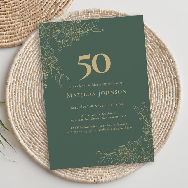 Elegant Blommig Grön Guld Blommig 50-årsdag Inbjudningar (Elegant Floral Green Gold Floral 50th Birthday Invitation)