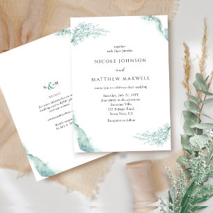 Elegant Blommig, Grön, Salvia Vattenfärg Bröllop Inbjudningar