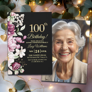 Elegant Blommig Guld 100 Födelsedagsfoto Inbjudningar