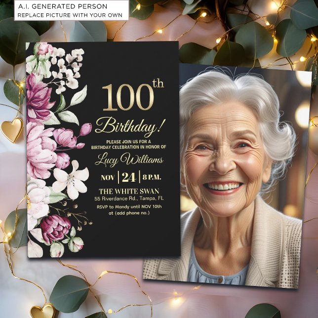 Elegant Blommig Guld 100 Födelsedagsfoto Inbjudningar (Skapare uppladdad)