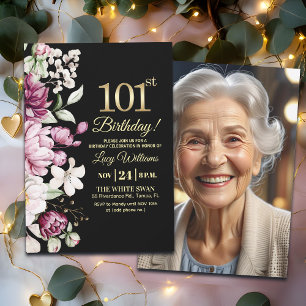 Elegant Blommig Guld 101 Födelsedagsfoto Inbjudningar