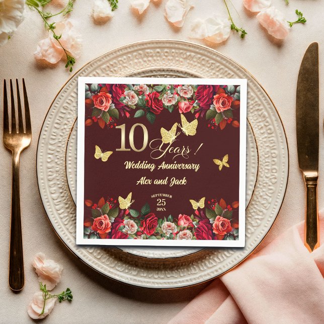 Elegant Blommig Guld 10-års Bröllopsdag  Pappersservett (Skapare uppladdad)