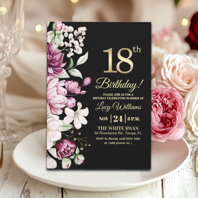 Elegant Blommig Guld 18 Födelsedagsfest Inbjudningar (Skapare uppladdad)