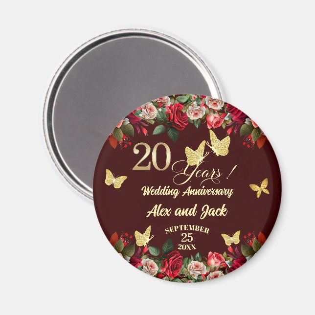 Elegant Blommig Guld 20-års Bröllopsdag  Magnet (Front/Back)