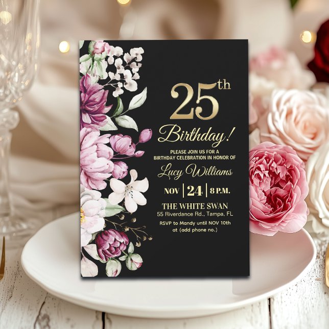 Elegant Blommig Guld 25 Födelsedagsfest Inbjudningar (Skapare uppladdad)