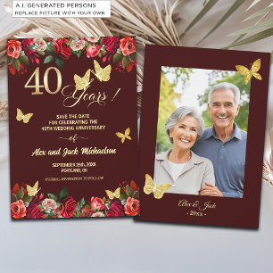 Elegant Blommig Guld 40-års Bröllopsjubileum Foto Spara Datumet