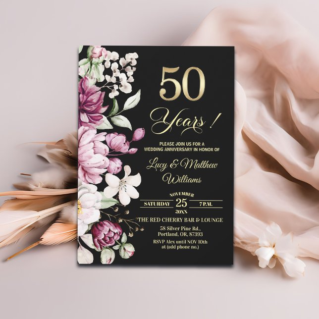 Elegant Blommig Guld 50-års Bröllopsjubileum   Inbjudningar (Skapare uppladdad)