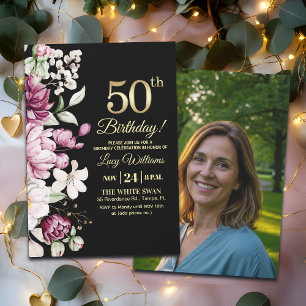 Elegant Blommig Guld 50 Födelsedags Foto Inbjudningar