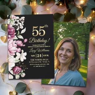 Elegant Blommig Guld 55 Födelsedagsfoto Inbjudningar