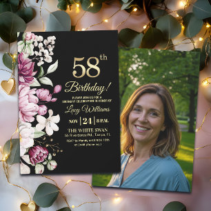 Elegant Blommig Guld 58 Födelsedagsfoto Inbjudningar