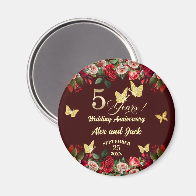 Elegant Blommig Guld 5-års Bröllopsdag  Magnet (Front/Back)