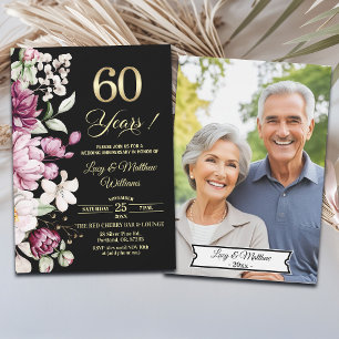 Elegant Blommig Guld 60-års Bröllopsjubileum Foto Inbjudningar