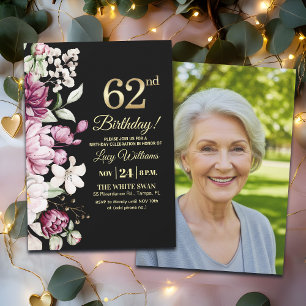 Elegant Blommig Guld 62 Födelsedagsfoto Inbjudningar