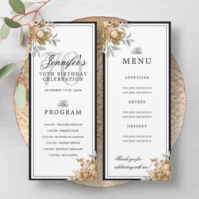 Elegant Blommig Guld 70-årsfirande Program Meny  (Elegant Gold Floral 70th Birthday Program Menu )