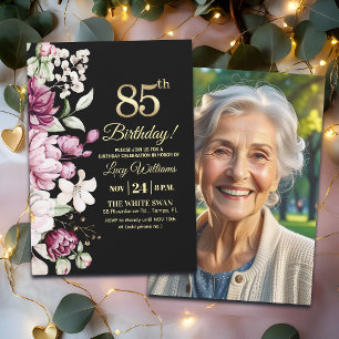 Elegant Blommig Guld 85 Födelsedagsfoto Inbjudningar