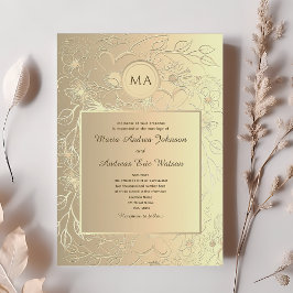 Elegant Blommig Guld Bröllop Inbjudningar