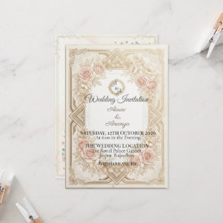 Elegant Blommig Guld Bröllopsinbjudan | Redigerbar Inbjudningar
