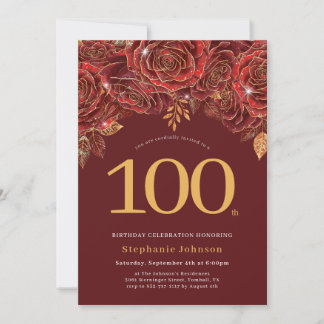 Elegant Blommig Guld Burgunder 100-årsdag Inbjudningar