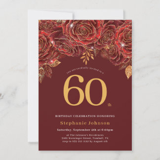 Elegant Blommig Guld Burgunder 60-årsdag Inbjudningar