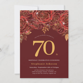 Elegant Blommig Guld Burgunder 70-årsdag Inbjudningar