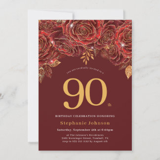 Elegant Blommig Guld Burgunder 90-årsdag Inbjudningar