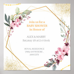 Elegant Blommig Guld Geometrisk Babykalas Inbjudan Poster