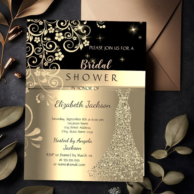 Elegant Blommig Guld Glitter Klänning Bröllopsfest Inbjudningar (Skapare uppladdad)
