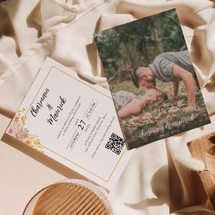Elegant Blommig Guld Kant QR-kod Bröllop Inbjudningar