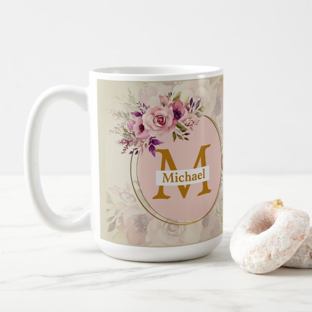 Elegant Blommig Guld Monogram | Namn & Initial Kaffemugg (Med munk)