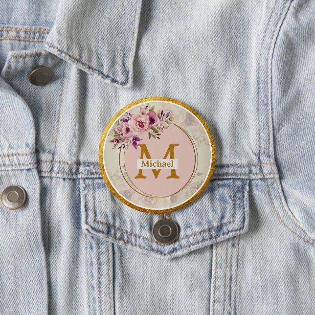 Elegant Blommig Guld Monogram | Namn & Initial Knapp (In Situ)