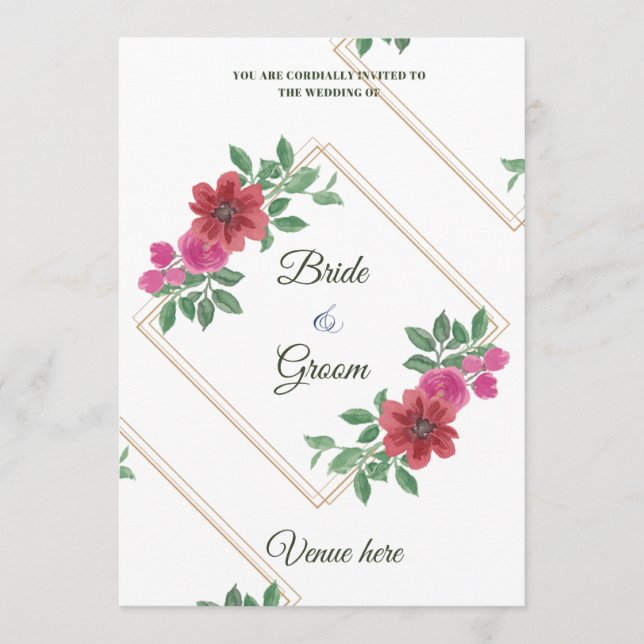 Elegant Blommig & Guld Ram Bröllopsinbjudan Inbjudningar (Framsida)