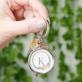 Elegant Blommig Guldmonogram Rund Silverfärgad Nyckelring