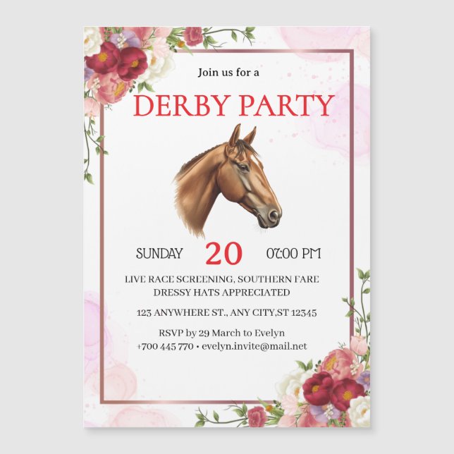 Elegant Blommig Häst Derby Festinladning  (Framsida)