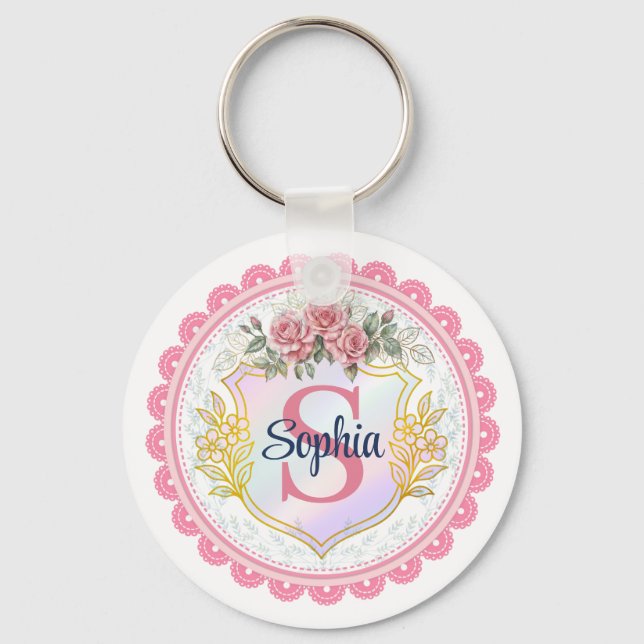 Elegant Blommig Initial & Namn Monogram Nyckelring (Framsida)