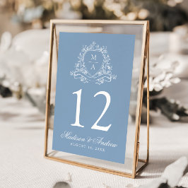 Elegant Blommig Krön Monogram Blå Bröllop Bordsnummer