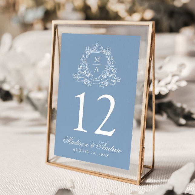 Elegant Blommig Krön Monogram Blå Bröllop Bordsnummer (Skapare uppladdad)
