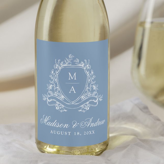 Elegant Blommig Krön Monogram Blå Bröllop Vinflaska Etikett (Skapare uppladdad)