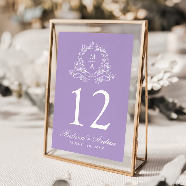 Elegant Blommig Krön Monogram Lila Bröllop Bordsnummer (Skapare uppladdad)