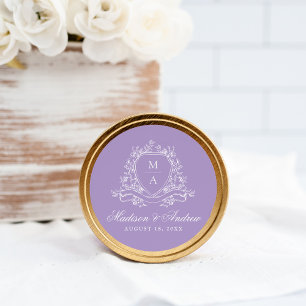 Elegant Blommig Krön Monogram Lila Bröllop Runt Klistermärke