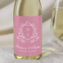 Elegant Blommig Krön Monogram Rosa Bröllop Vinflaska Etikett