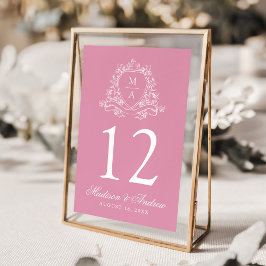 Elegant Blommig Krön Monogram Rosapink Bröllop Bordsnummer