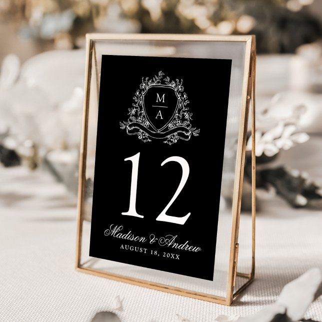 Elegant Blommig Krön Monogram Svart Bröllop Bordsnummer (Skapare uppladdad)