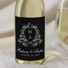 Elegant Blommig Krön Monogram Svart Bröllop Vinflaska Etikett