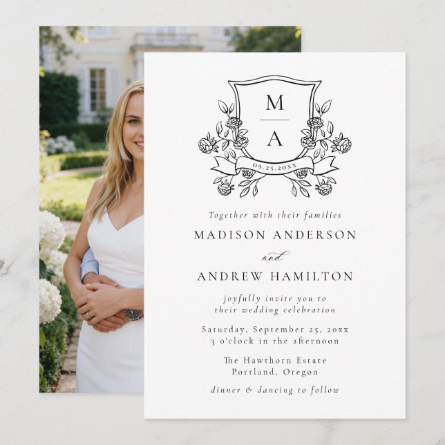 Elegant Blommig Krönande Monogram Foto Bröllop Inbjudningar (Fram/baksida)