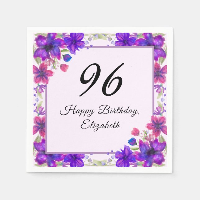 Elegant Blommig Lila 96-årsdag  Pappersservett (Framsidan)